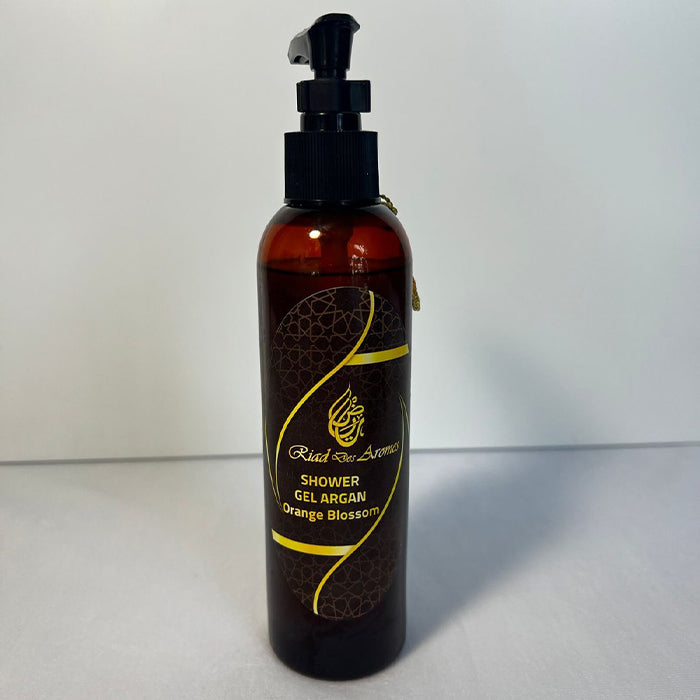 Refreshing Argan Shower Gel in an elegant bottle, perfect for cleansing and moisturizing the skin, leaving it feeling soft and rejuvenated. Orange Blossom Scented.